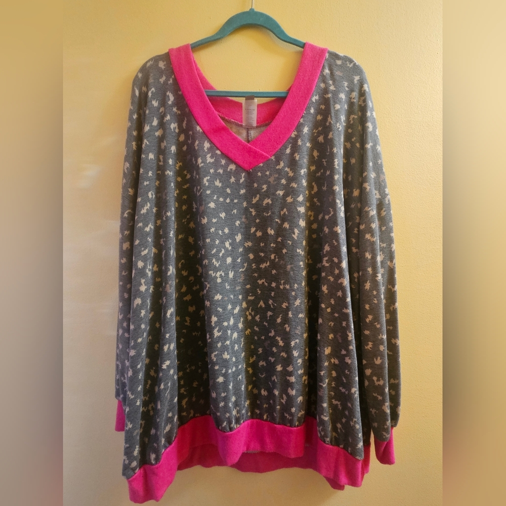 Honeyme Gray and Hot Pink V-Neck Sweater Sweatshirt NWT Curvy Sizes